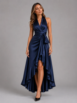 Vestido maxi satinado halter con volantes para mujer de noche