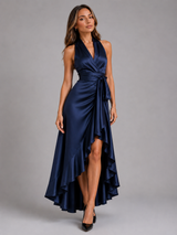 Vestido maxi satinado halter con volantes para mujer de noche
