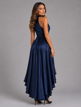 Vestido maxi satinado halter con volantes para mujer de noche