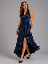 Vestido maxi satinado halter con volantes para mujer de noche