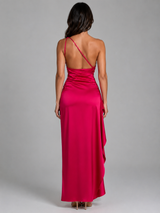 Robe maxi effet satin à une épaule avec fente haute pour femme soirée