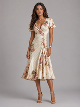 Vestido midi floral con efecto satinado y fruncido para cóctel mujer