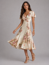 Vestido midi floral con efecto satinado y fruncido para cóctel mujer