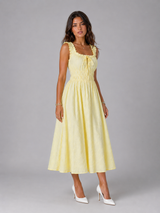 Vestido midi floral con textura y cintura fruncida para mujer verano