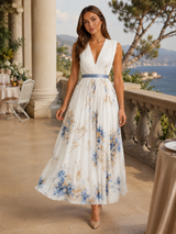 Vestido maxi plisado floral en línea A para invitada de boda