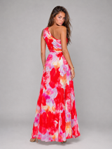 Floral One Shoulder Pleated Maxi Dress Evening Women