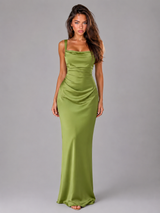 Satin Feel Ruched Waist Maxi Dress Evening Women