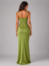 Satin Feel Ruched Waist Maxi Dress Evening Women