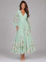 Floral Chiffon V Neck A Line Midi Dress Summer Women