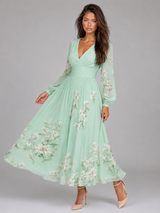 Floral Chiffon V Neck A Line Midi Dress Summer Women