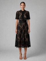 Robe midi ligne A col haut en dentelle cocktail femme