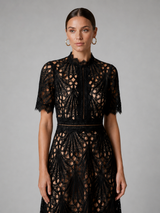 Robe midi ligne A col haut en dentelle cocktail femme