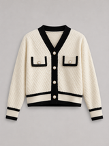 Contrast-Trim Textured Cardigan | Button-Front Knit