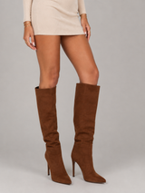 Women's Suede-Look Pointed-Toe Knee-High Boots Brown