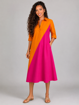 Colorblock Collared Midi Dress Summer Women