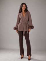 Belted Coat with Faux Fur Cuffs for Women