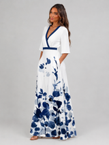 Floral Satin Maxi Dress V Neck Wedding Guest