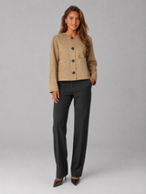 Women's Suede-Look Cropped Jacket With Patch Pockets Tan