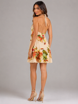 Tropical floral halter neck swing mini dress front view