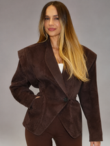 Women's Suede-Look Structured Shoulder Blazer Tan