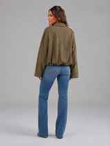 Faux suede oversized shirt jacket – styled layered look – Nude & Nero