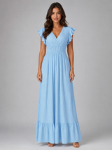 Pleated Flutter Sleeve Maxi Dress Wedding Guest