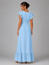Pleated Flutter Sleeve Maxi Dress Wedding Guest