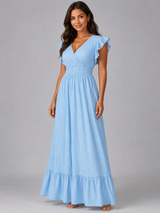 Pleated Flutter Sleeve Maxi Dress Wedding Guest