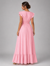 Pleated Flutter Sleeve Maxi Dress Wedding Guest