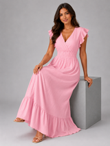 Pleated Flutter Sleeve Maxi Dress Wedding Guest