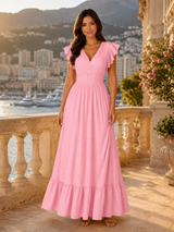Pleated Flutter Sleeve Maxi Dress Wedding Guest