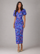 Vestido midi con escote en V y mangas abullonadas para mujer en verano