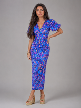 Vestido midi con escote en V y mangas abullonadas para mujer en verano
