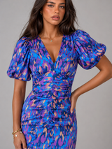 Vestido midi con escote en V y mangas abullonadas para mujer en verano