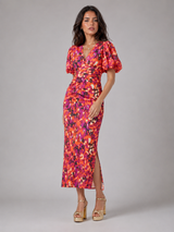 Vestido midi con escote en V y mangas abullonadas para mujer en verano