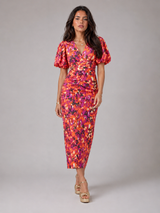 Vestido midi con escote en V y mangas abullonadas para mujer en verano