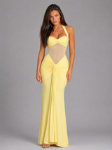 Vestido maxi halter de malla con fruncidos para mujer de noche