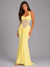 Vestido maxi halter de malla con fruncidos para mujer de noche