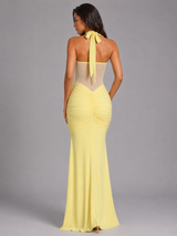 Vestido maxi halter de malla con fruncidos para mujer de noche