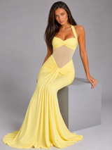 Vestido maxi halter de malla con fruncidos para mujer de noche
