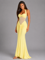 Vestido maxi halter de malla con fruncidos para mujer de noche