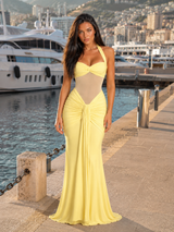 Vestido maxi halter de malla con fruncidos para mujer de noche