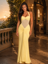 Vestido maxi halter de malla con fruncidos para mujer de noche