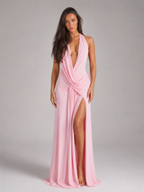 Robe maxi dos nu à col halter pour soirée femme