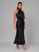 Robe midi à col montant effet satin pour invité de mariage