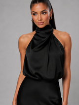 Robe midi à col montant effet satin pour invité de mariage