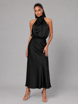 Robe midi à col montant effet satin pour invité de mariage