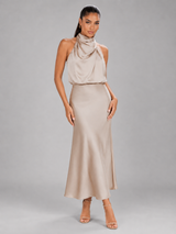 Robe midi à col montant effet satin pour invité de mariage