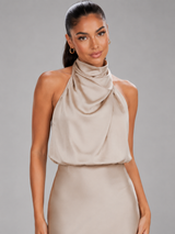 Robe midi à col montant effet satin pour invité de mariage