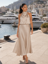 Robe midi à col montant effet satin pour invité de mariage